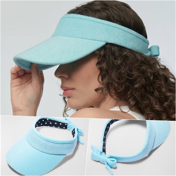 Lele Sadoughi Bow Tie Visor Terry Cloth Summer Sun Hat Aqua Blue - Picture 1 of 6